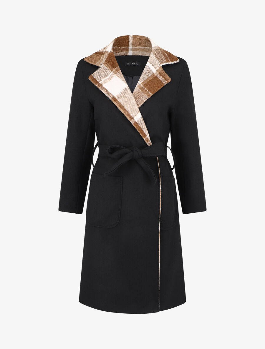 Manteau long à col imprimé carreaux - Noir - 1