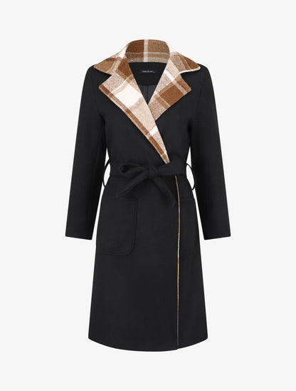 Manteau long à col imprimé carreaux - Noir - 1