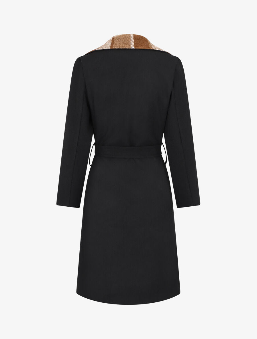 Manteau long à col imprimé carreaux - Noir - 2