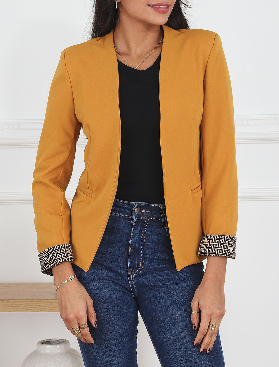 Blazer uni à revers imprimé grec - Jaune moutarde - 4