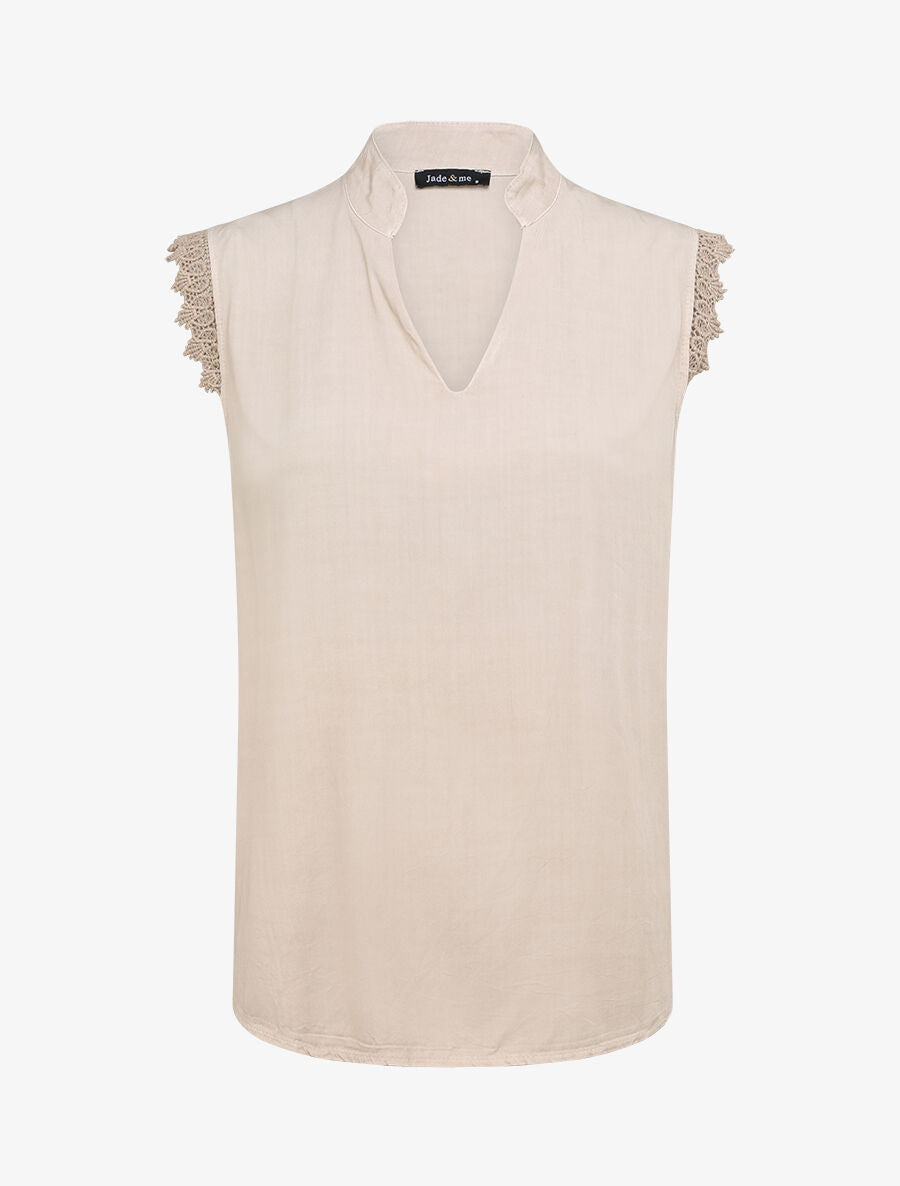 Top fluide à mancherons en crochet - Beige - 1