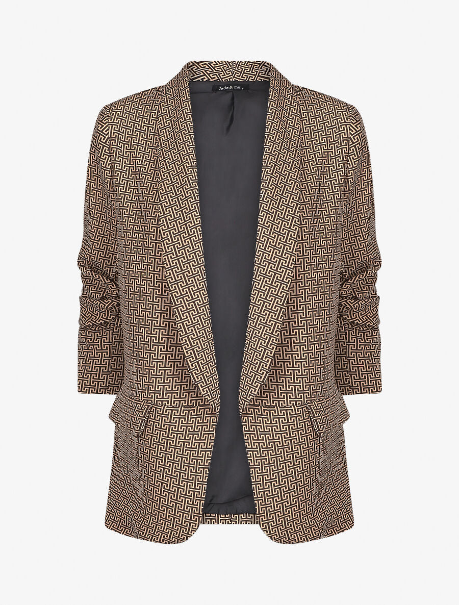 Blazer droit imprimé graphique manches 3/4 froncées - Camel - 1