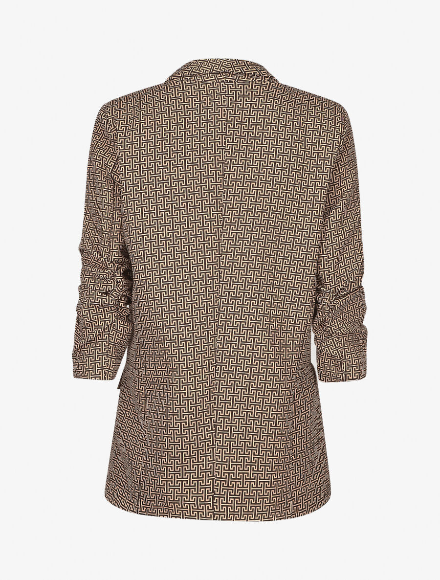 Blazer droit imprimé graphique manches 3/4 froncées - Camel - 2