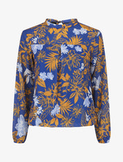 Blouse manches longues à col rond et imprimé floral - Bleu électrique/jaune - 1
