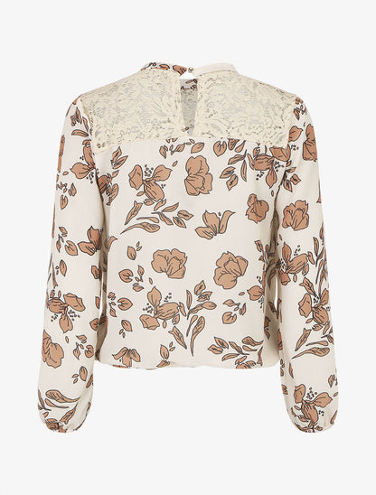 Blouse manches longues à dentelle et imprimé floral - Beige - 2