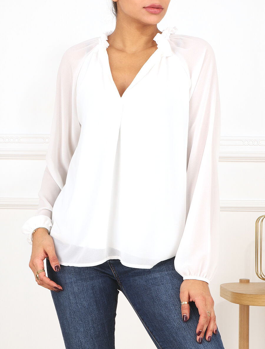 Blouse ample unie manches longues - Blanc - 4