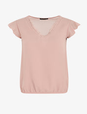 Top uni à mancherons col V en dentelle - Rose poudré - 1
