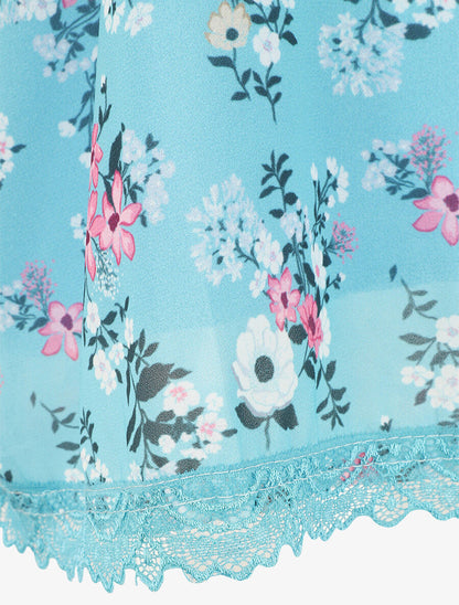 Caraco imprimé petites fleurs à bord en dentelle - Bleu clair - 3