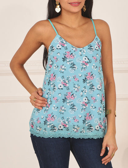 Caraco imprimé petites fleurs à bord en dentelle - Bleu clair - 4
