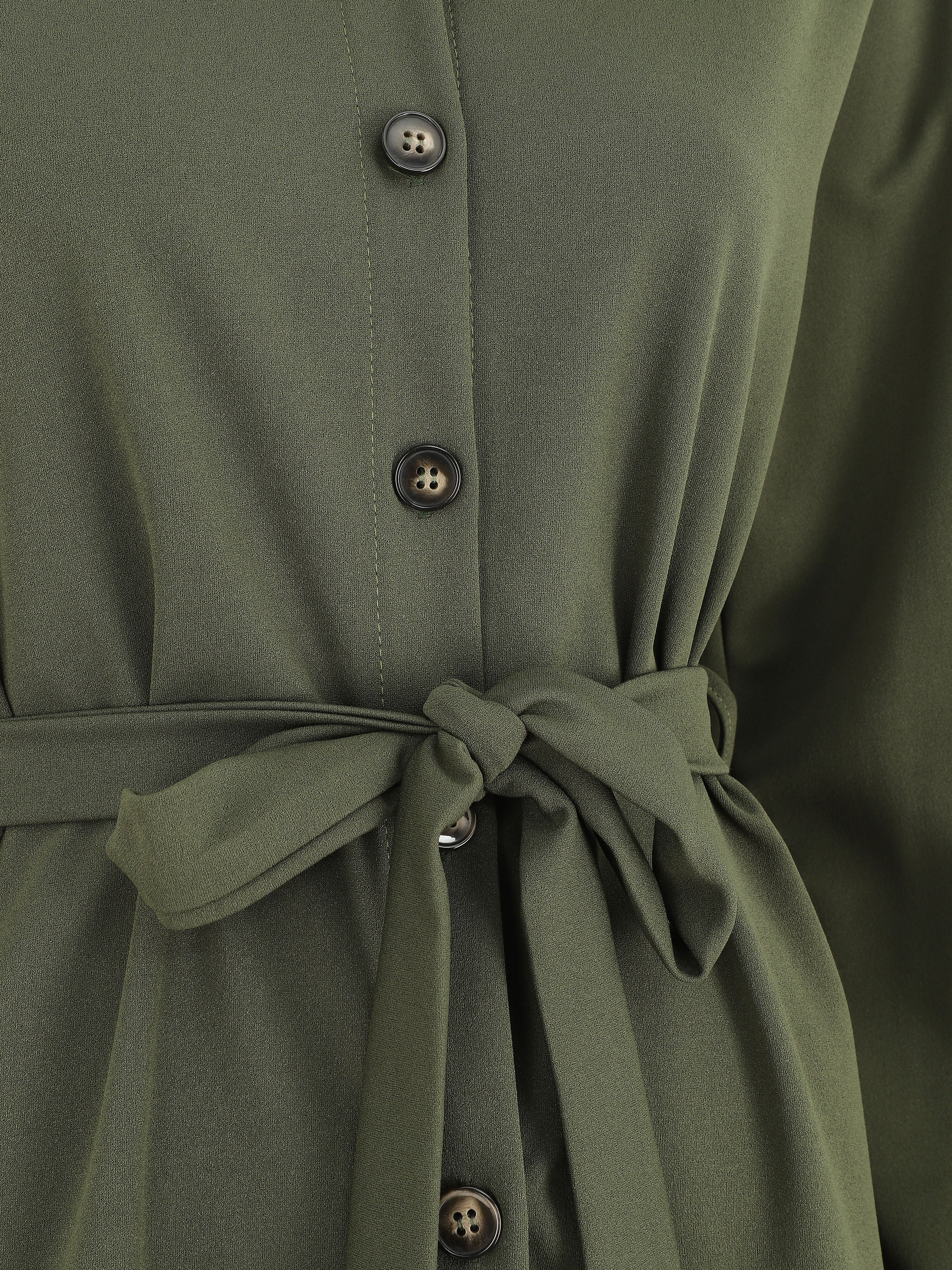 Chemise unie ceinturée oversize - Kaki - 3