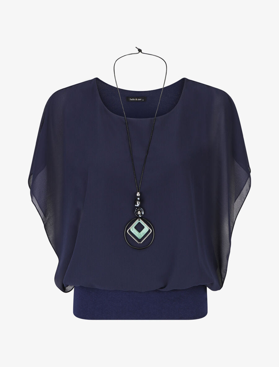 Blouse unie en voile à manches volantées - Marine - 5