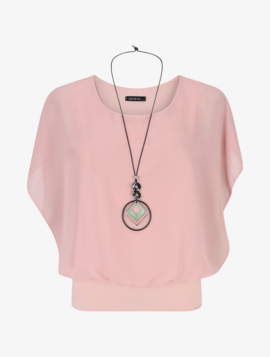 Blouse unie en voile à manches volantées - Rose - 5