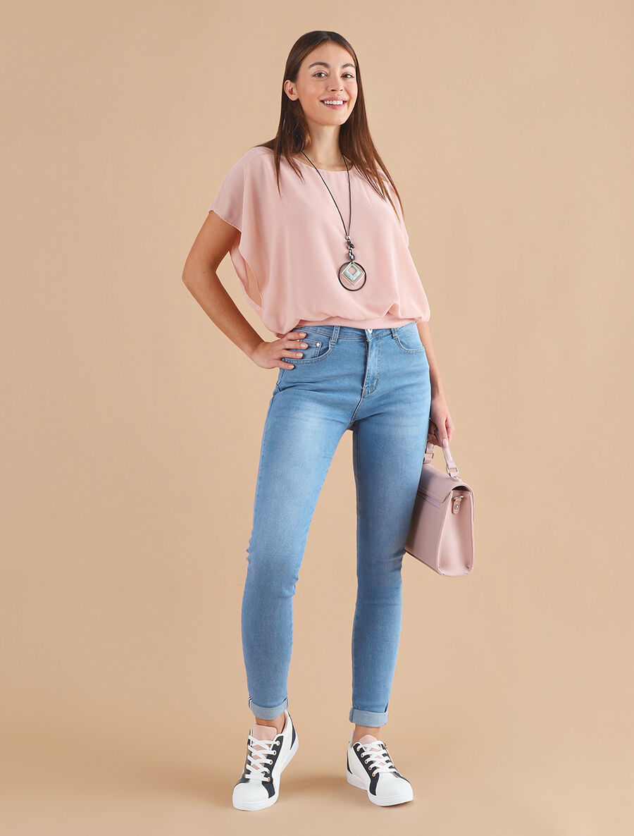 Blouse unie en voile à manches volantées - Rose - 4