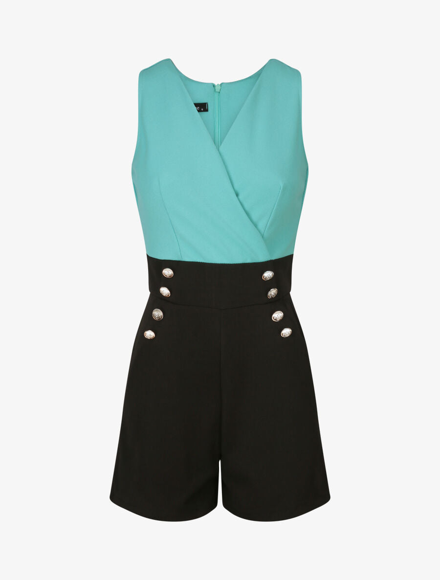 Combishort à col cache-coeur et détail boutons - Turquoise - 1