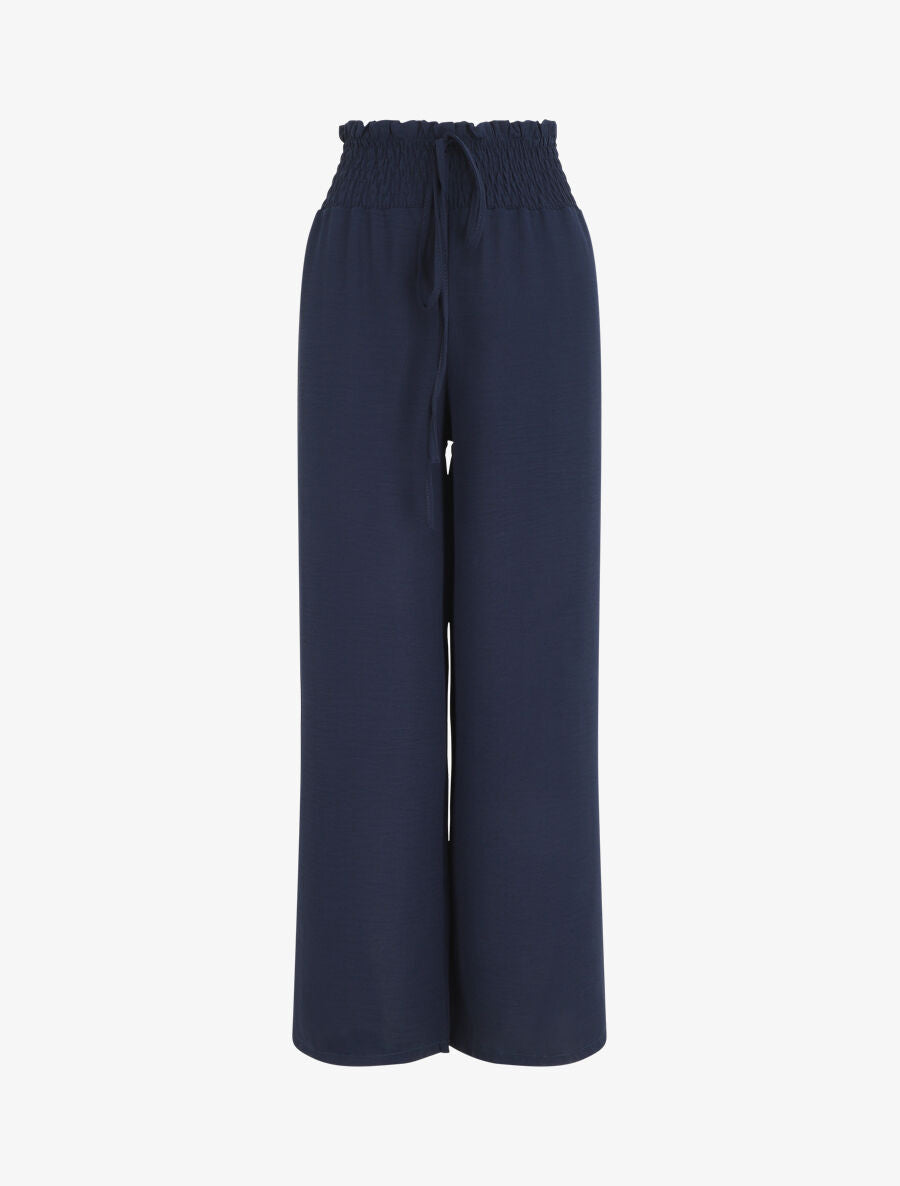 Pantalon uni ample taille haute élastiquée - Marine - 1
