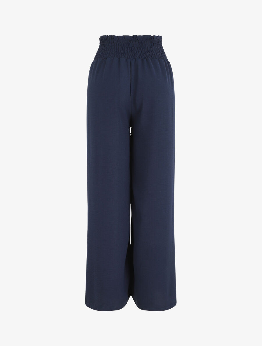 Pantalon uni ample taille haute élastiquée - Marine - 2