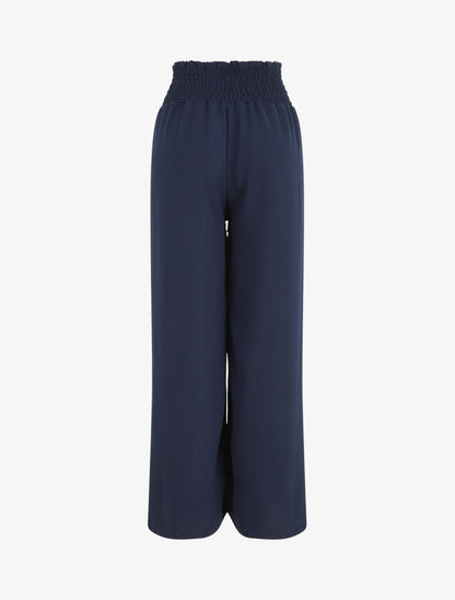 Pantalon uni ample taille haute élastiquée - Marine - 2