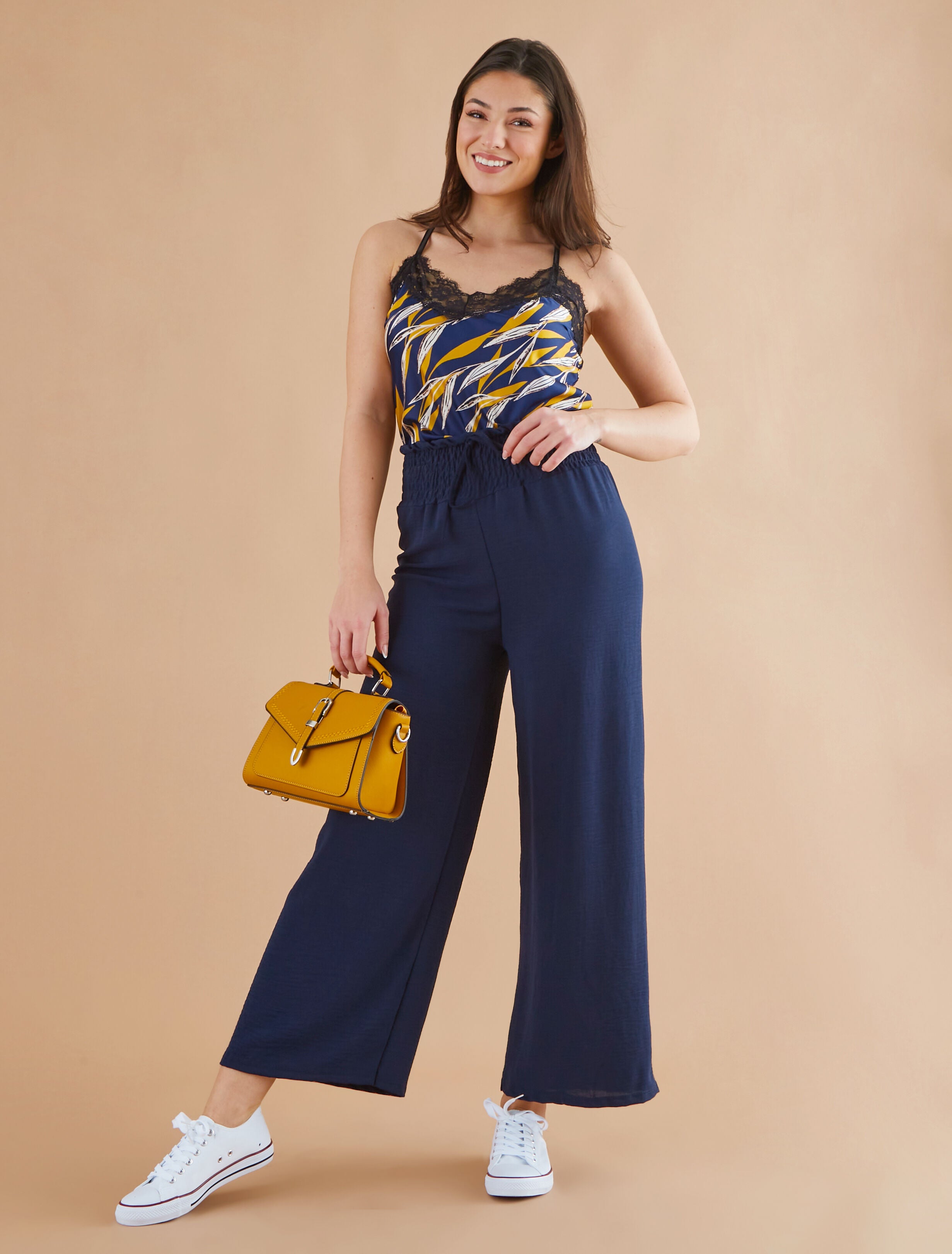 Pantalon uni ample taille haute élastiquée - Marine - 4