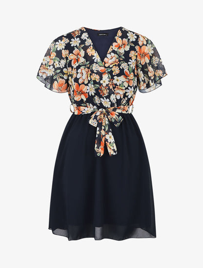 Robe courte imprimé floral col cache-coeur - Marine - 4