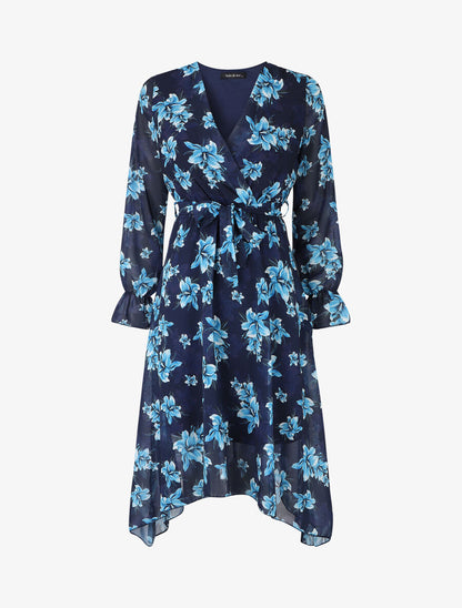 Robe élastiquée à imprimé fleuri - Marine - 1