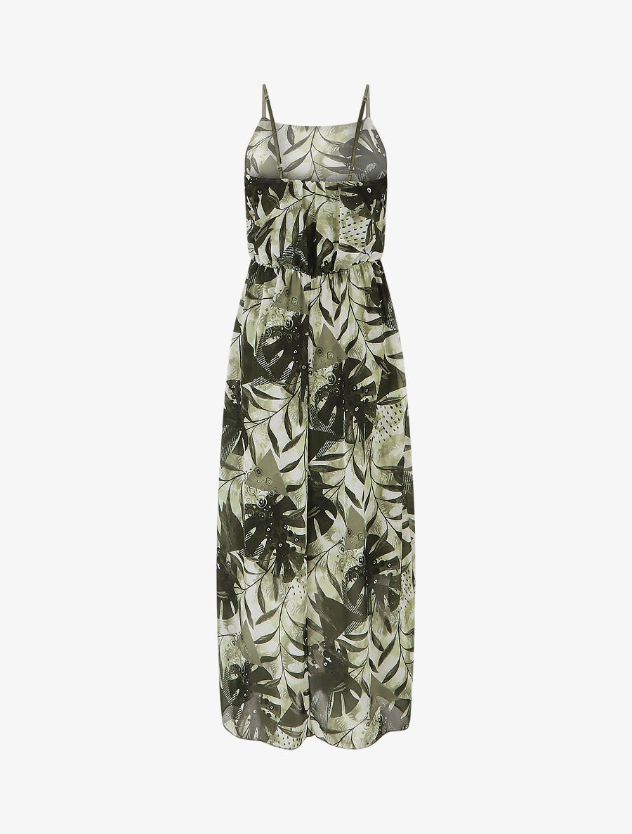 Robe longue imprimé végétal à fines bretelles - Kaki - 2