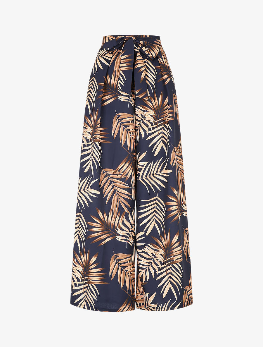 Pantalon ample taille haute imprimé tropical - Marine - 1