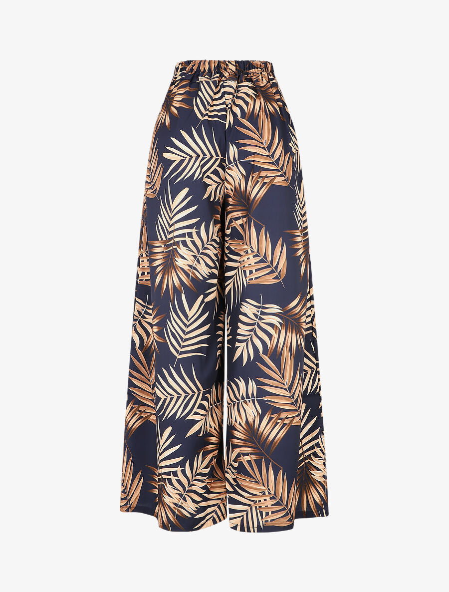 Pantalon ample taille haute imprimé tropical - Marine - 2