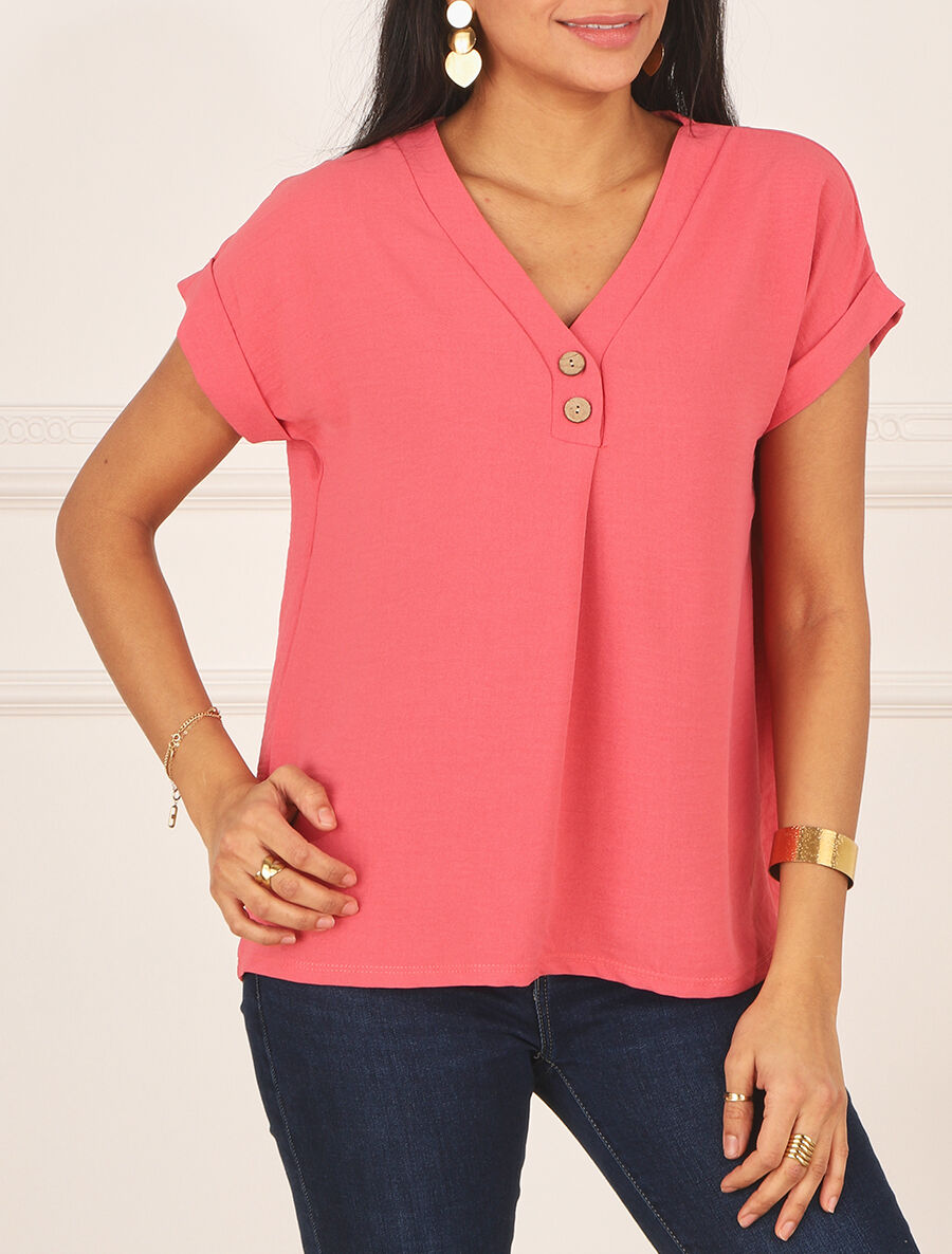 Top fluide uni manches courtes - Corail - 4