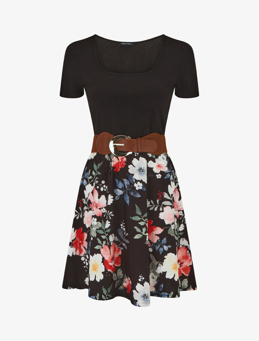 Robe mi-longue à imprimé fleuri - Noir - 4
