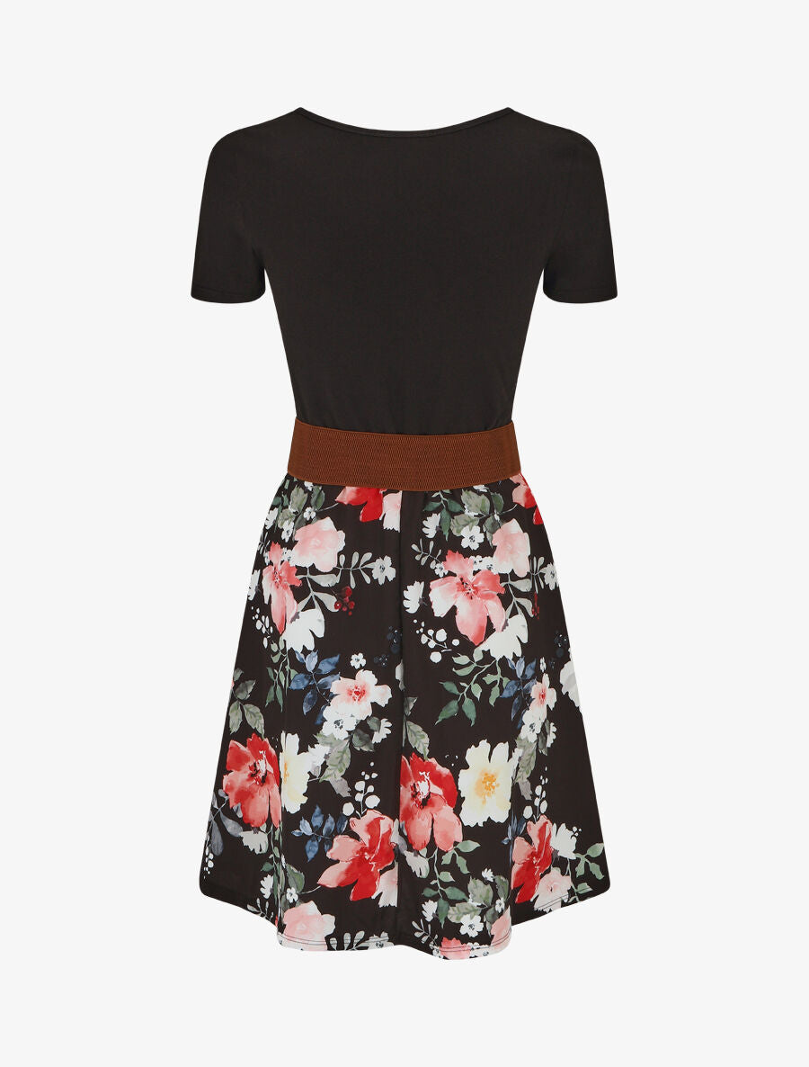 Robe mi-longue à imprimé fleuri - Noir - 2