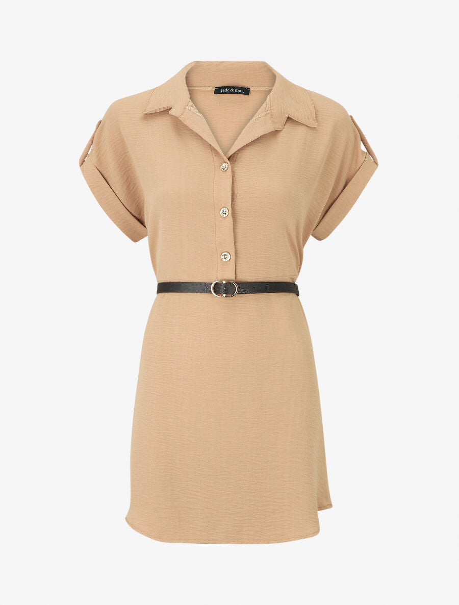 Robe courte unie style chemise - Beige - 5