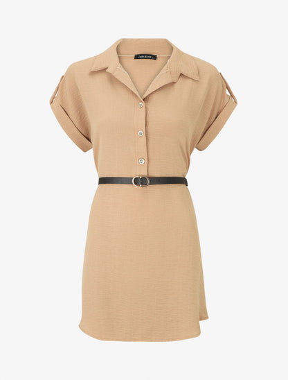 Robe courte unie style chemise - Beige - 5