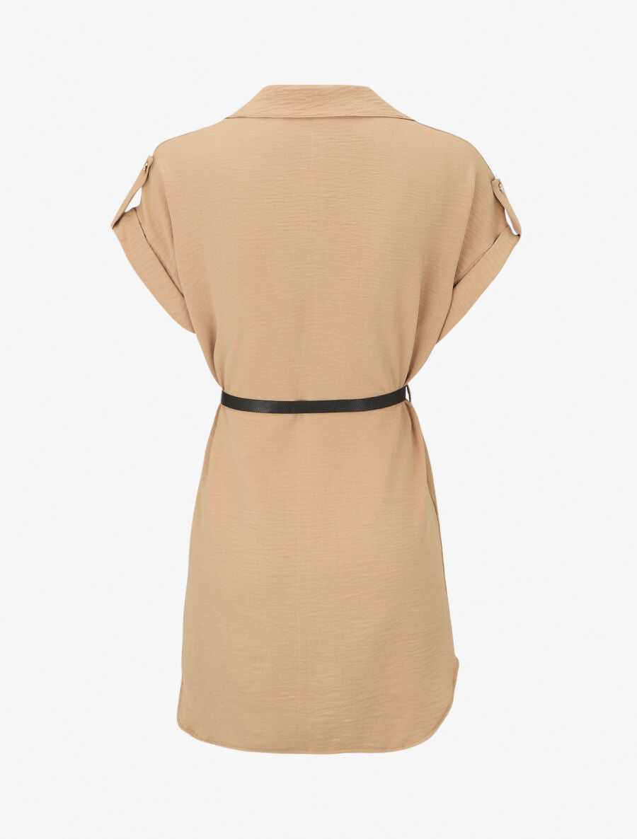 Robe courte unie style chemise - Beige - 2