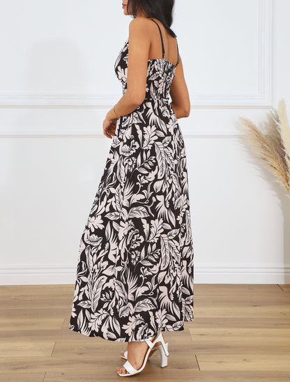 Robe longue à bretelles imprimé feuilles - Noir - 5