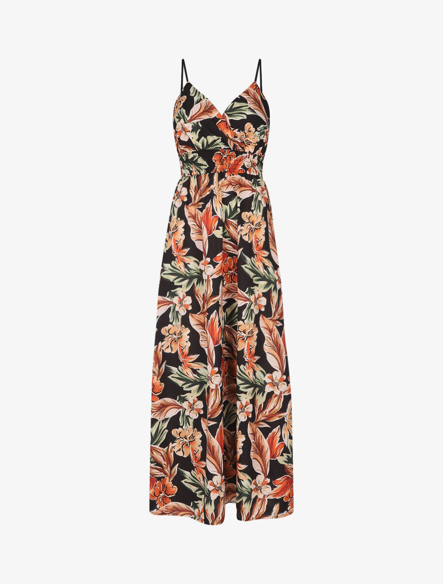 Robe longue fleurie à bretelles - Noir - 1