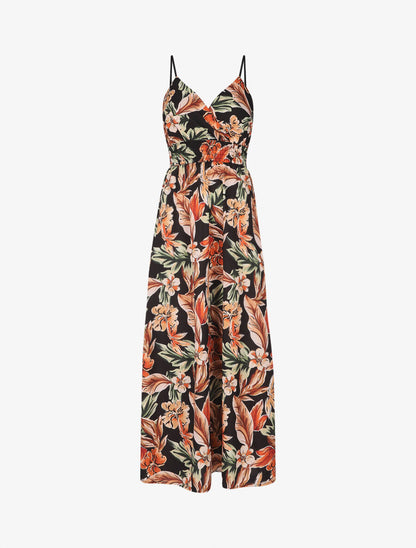 Robe longue fleurie à bretelles - Noir - 1