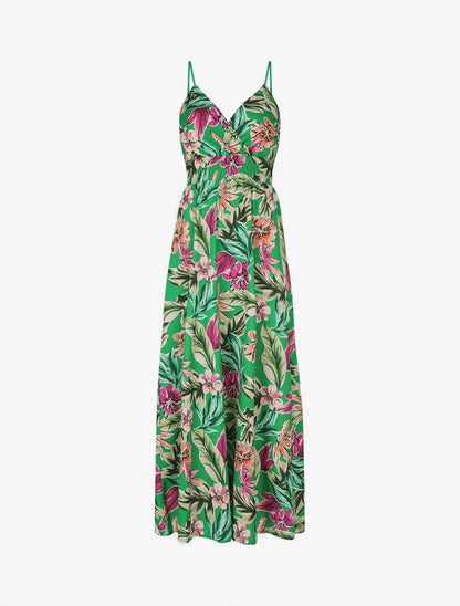 Robe longue fleurie à bretelles - Vert - 1