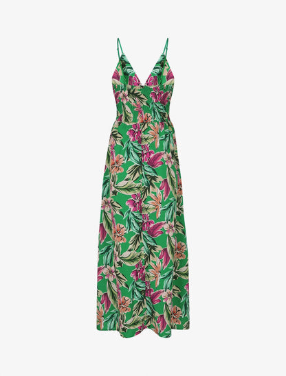 Robe longue fleurie à bretelles - Vert - 2
