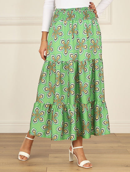 Jupe élastiquée à imprimé fleuri - Vert - 4