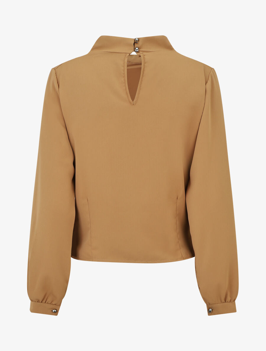Blouse unie à col bénitier montant - Camel - 2