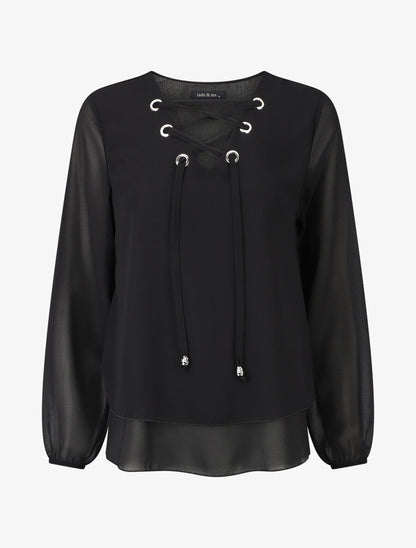 Blouse unie avec lacets - Noir - 5