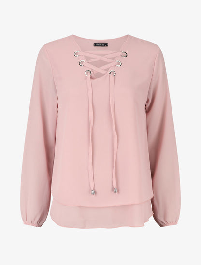 Blouse unie avec lacets - Rose - 1