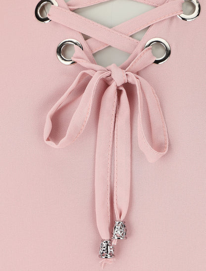 Blouse unie avec lacets - Rose - 3