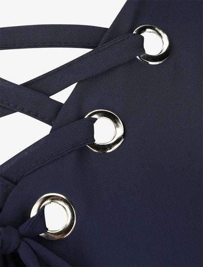 Blouse unie avec lacets - Marine - 3
