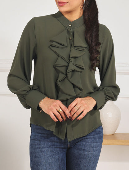 Blouse en voile à buste volanté - Kaki - 4