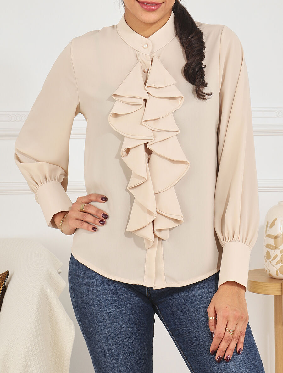 Blouse en voile à buste volanté - Beige - 4