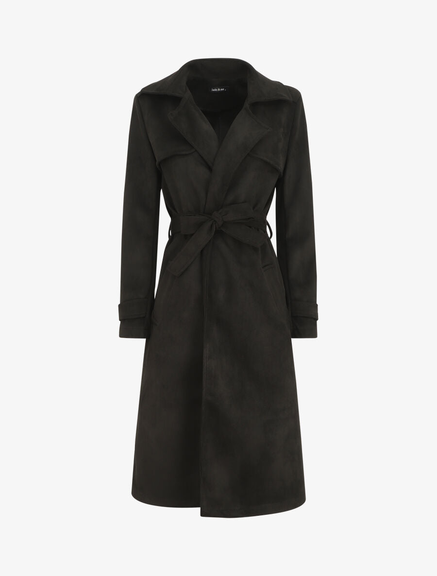 Trench long uni en suédine - Noir - 1