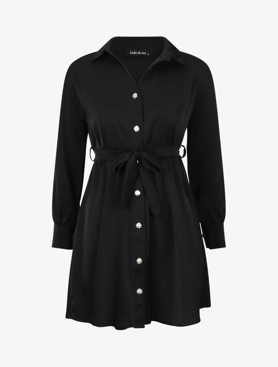 Robe chemise unie à taille élastiquée - Noir - 1