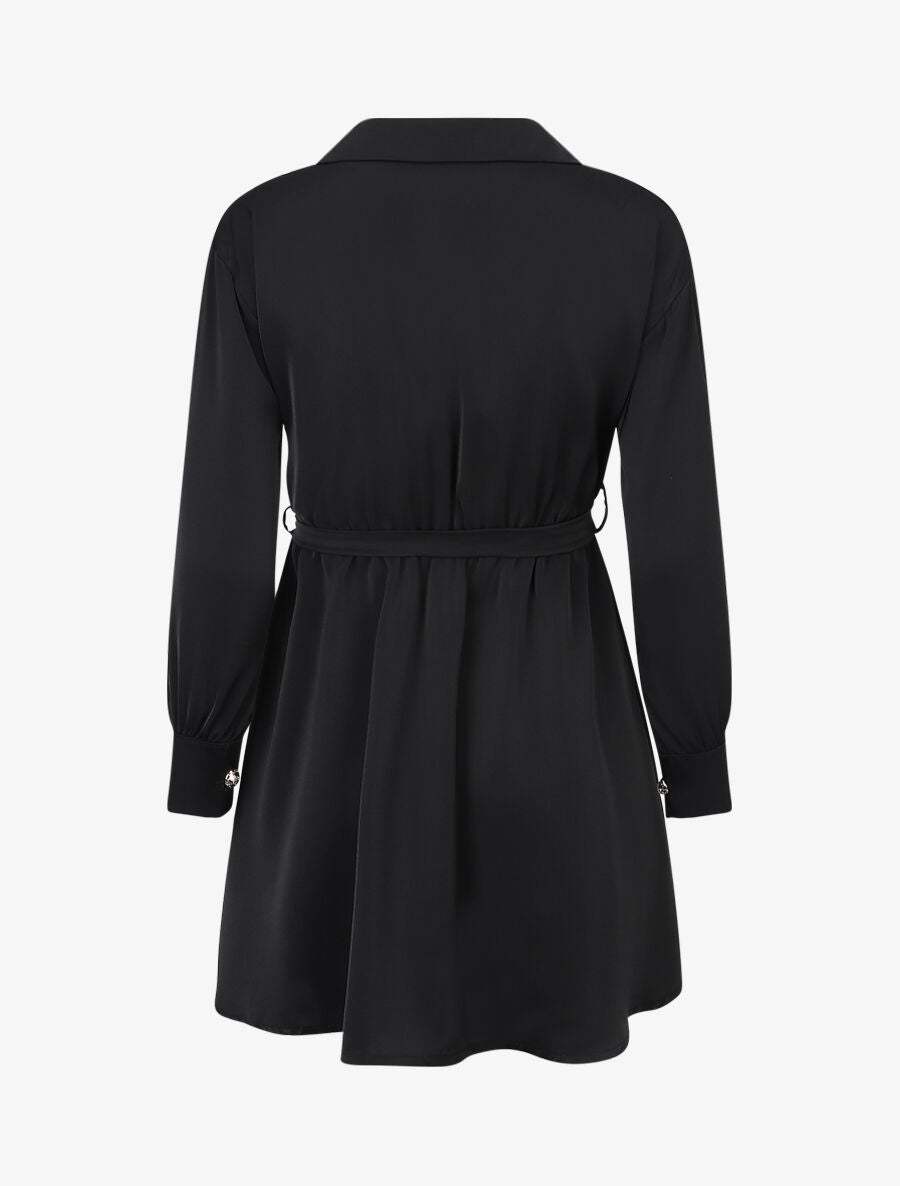 Robe chemise unie à taille élastiquée - Noir - 2
