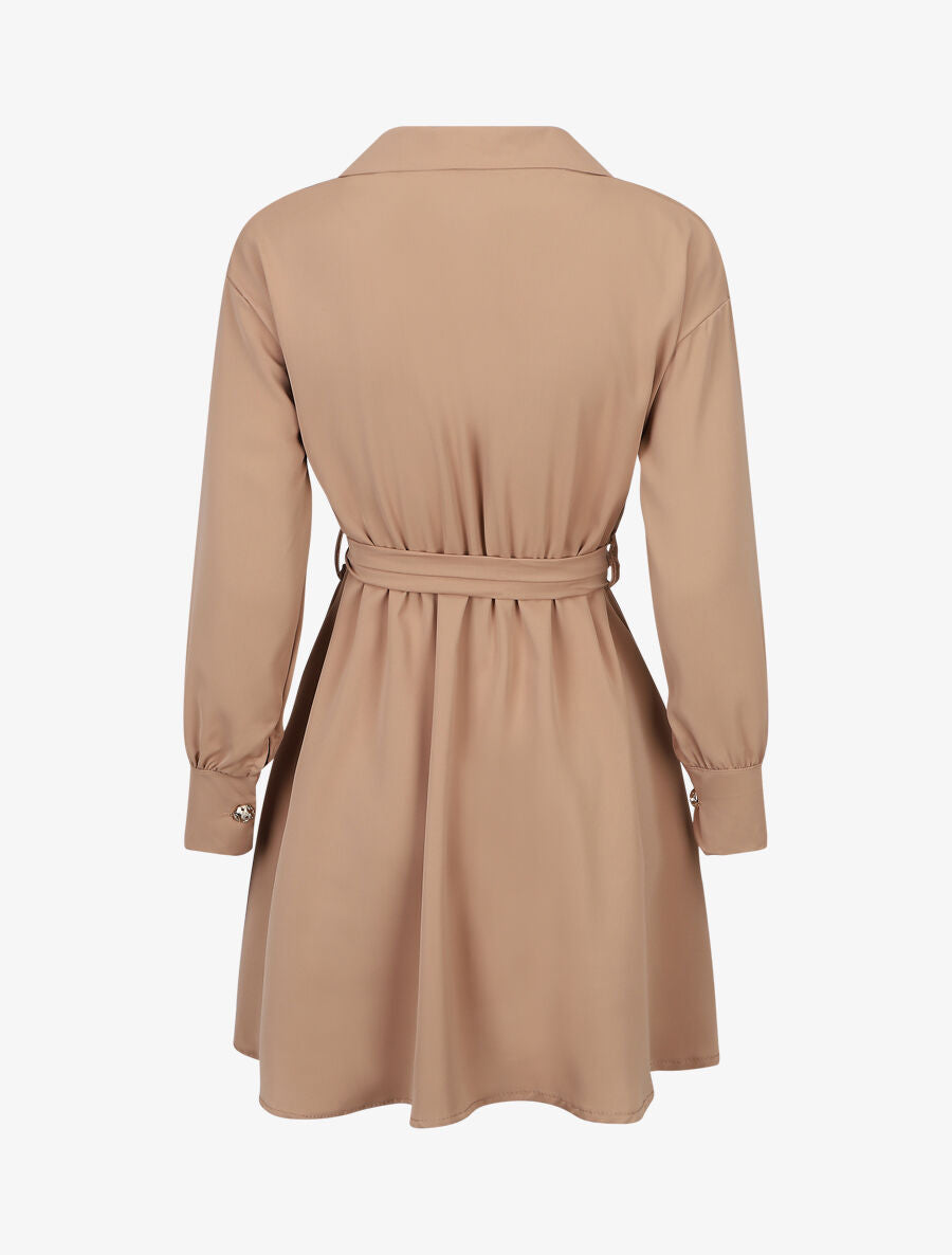 Robe chemise unie à taille élastiquée - Camel - 2
